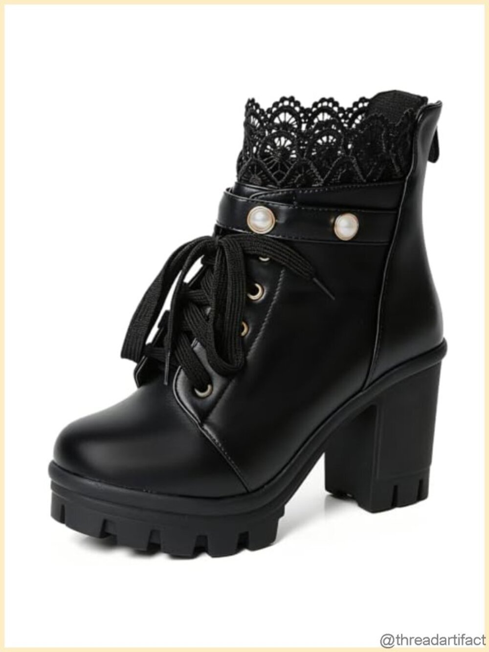 Platform Heel Combat Boots Womens Pearl Lace Victorian Booties